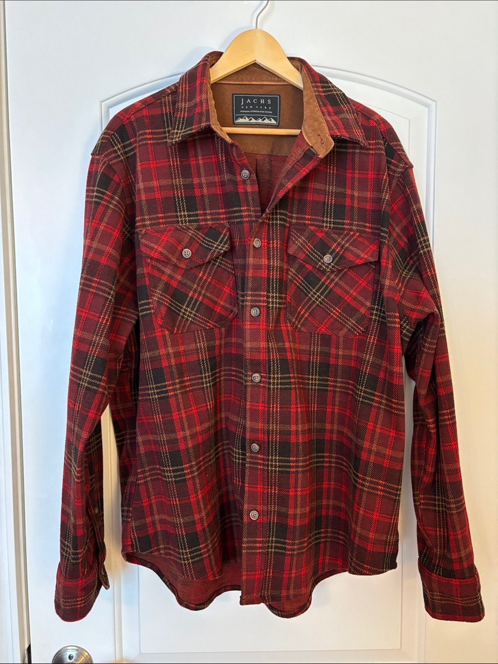 Jachs Men’s Red Plaid Flannel Shirt Jacket Corduroy Trim XXL EUC